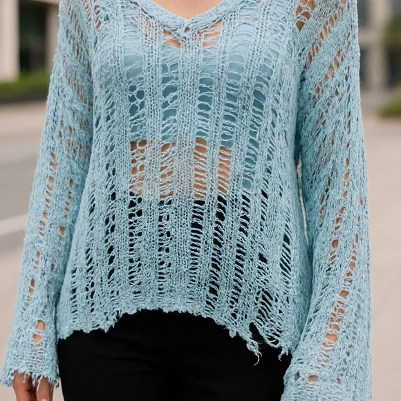 NWT POL Light Blue Distressed Open Knit Outseam Popover - Picture 3 of 5